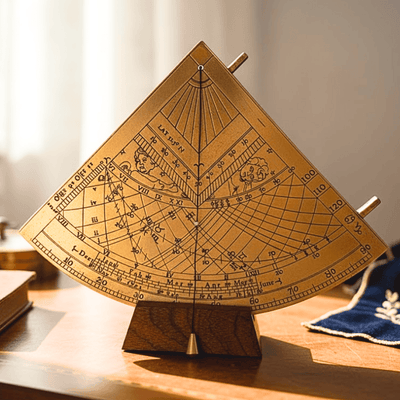 Messing zonnekwadrant Gunter H39 met houten voet, mogelijkheid tot personalisatie met gravure, ideaal cadeau voor liefhebbers van astronomie, hoogte 17 cm, elegante geschenkverpakking