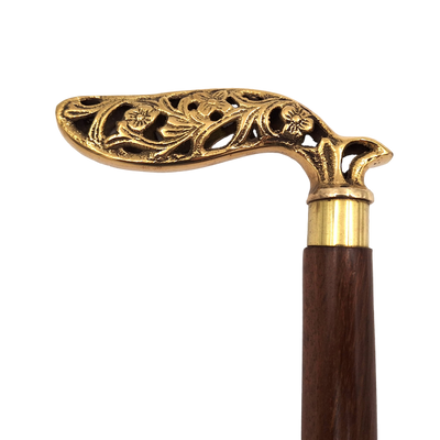 Elegante opvouwbare houten wandelstok met rijk versierd handvat in bruin en goud, met mogelijkheid tot personalisatie met gravure