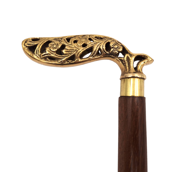 Elegante opvouwbare houten wandelstok met rijk versierd handvat in bruin en goud, met mogelijkheid tot personalisatie met gravure