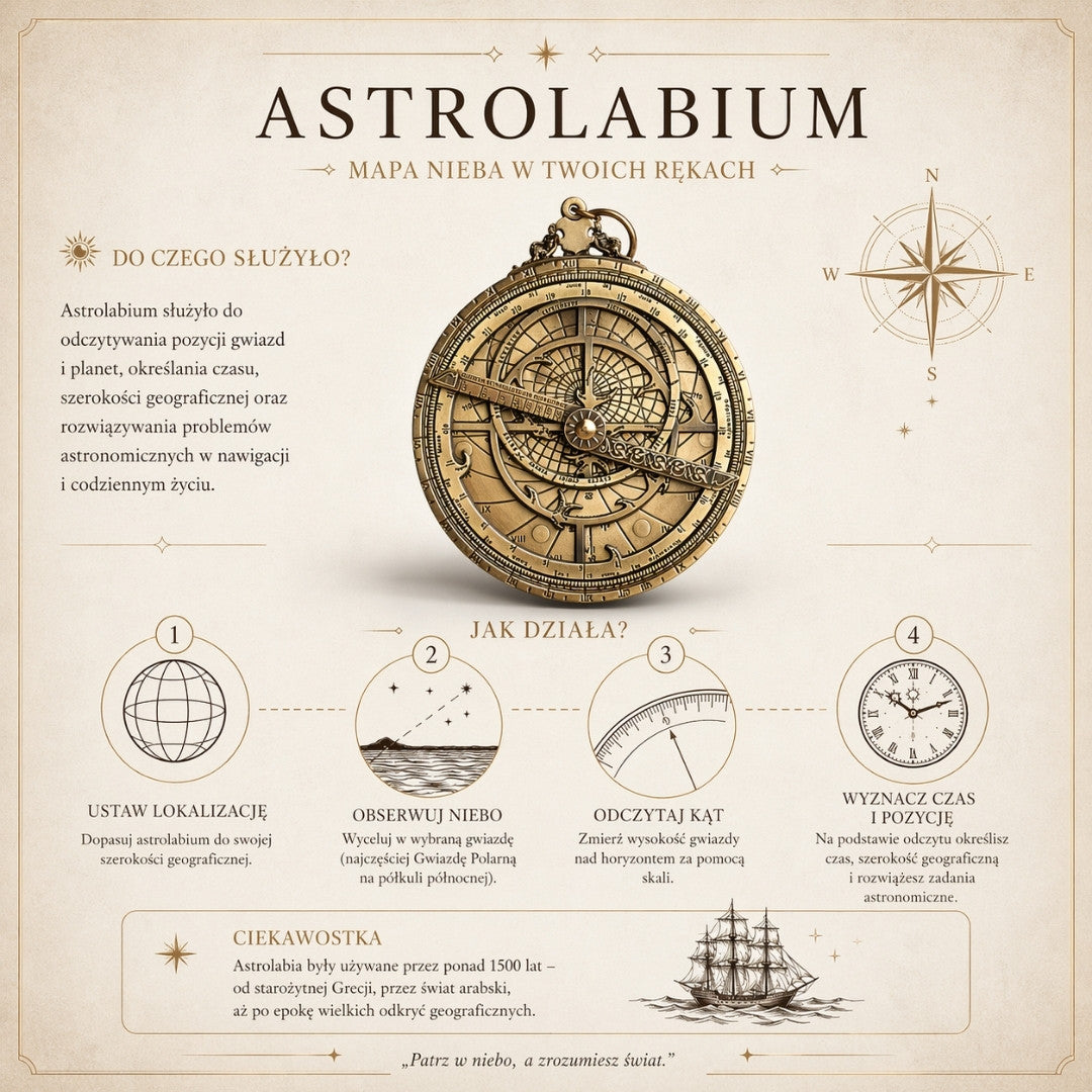 Europees astrolabium H32 – premium renaissance-replica met mogelijkheid tot personalisatie met gravure – ideaal cadeau met elegante houten voet – hoogte 12 cm, met de hand vervaardigd met oog voor detail