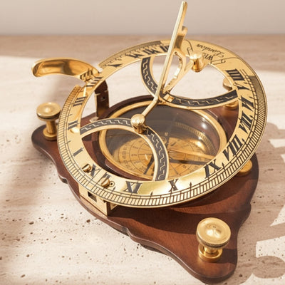Elegant messing kompas met zonnewijzer op houten voet C064 met mogelijkheid tot personalisatie met gravure