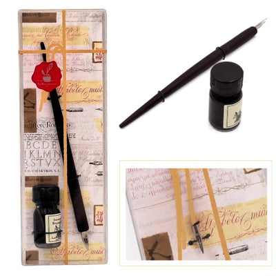 Elegante kalligrafieset met houten pen en zwarte inkt, mogelijkheid tot personalisatie met gravure, ideaal als cadeau voor liefhebbers van de schrijfkunst, in decoratieve verpakking 7,5 x 22 x 3 cm