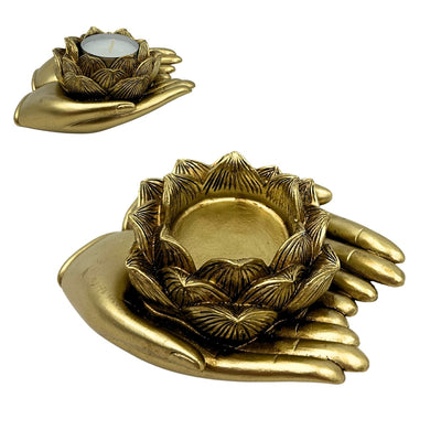 Gouden glamour-theelichthouder met mogelijkheid tot personalisatie met gravure – Elegant decoratief interieurelement met afmetingen 11,5 x 9,4 x 4,8 cm van polyresin