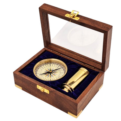 Cadeauset met messing kompas en verrekijker in elegante houten doos met gravure