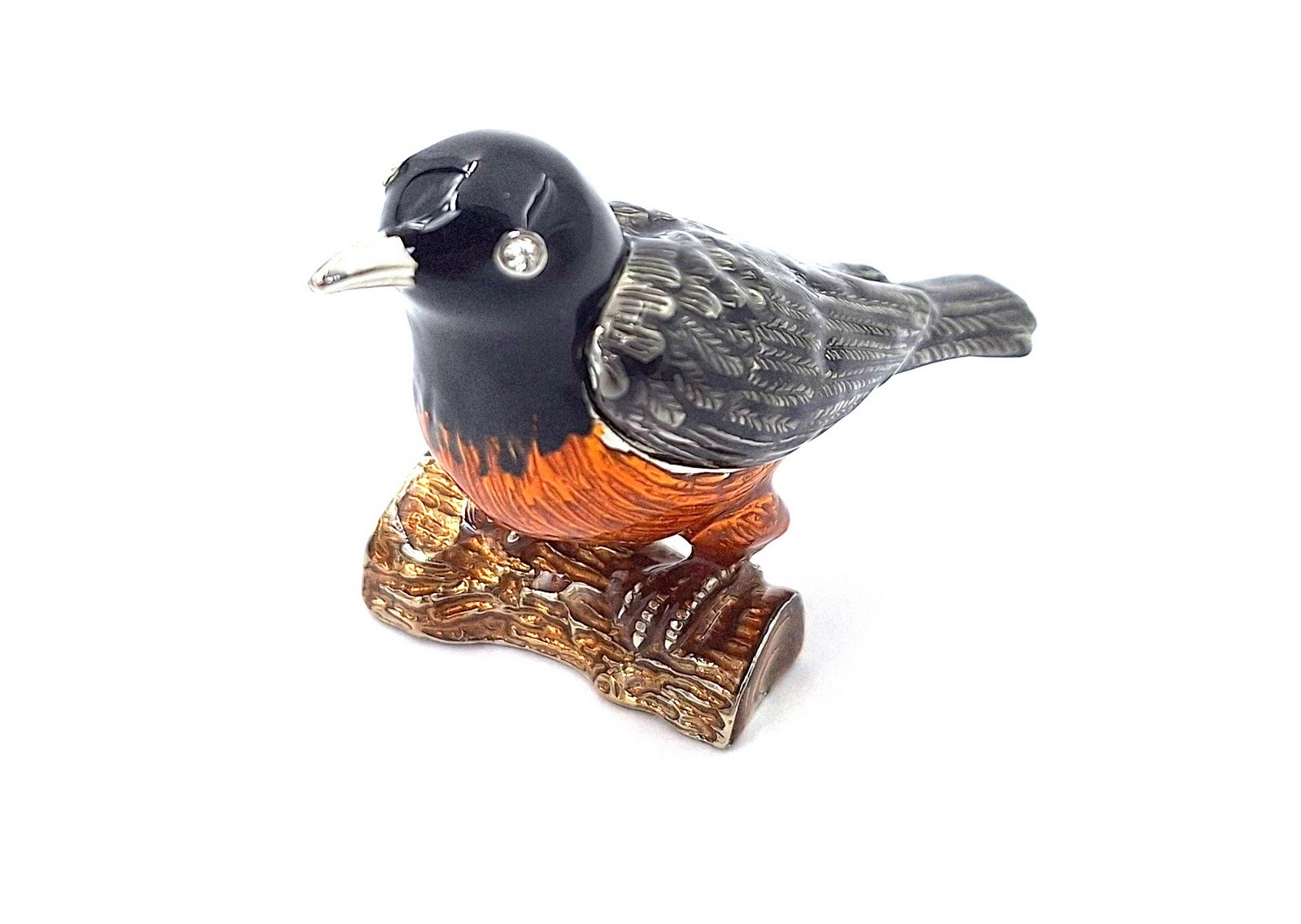 Metalen doosje in de vorm van een vogeltje met kristalletjes, gepersonaliseerd met gravure, ideaal als cadeau - zwart, zilver, bruin, oranje, afmetingen 5x6x5cm, materiaal: metaal, email, kristal