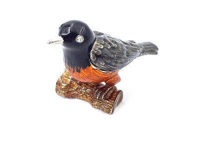 Metalen doosje in de vorm van een vogeltje met kristalletjes, gepersonaliseerd met gravure, ideaal als cadeau - zwart, zilver, bruin, oranje, afmetingen 5x6x5cm, materiaal: metaal, email, kristal