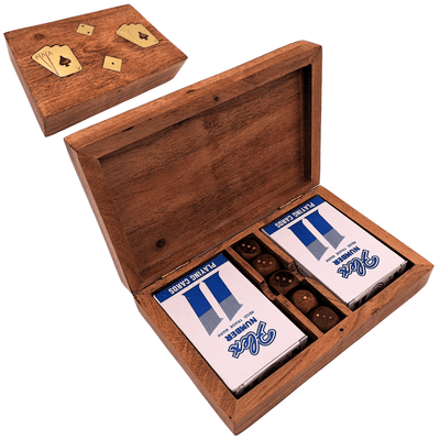 Elegante kaart- en dobbelspellenset in houten doos met messing versieringen