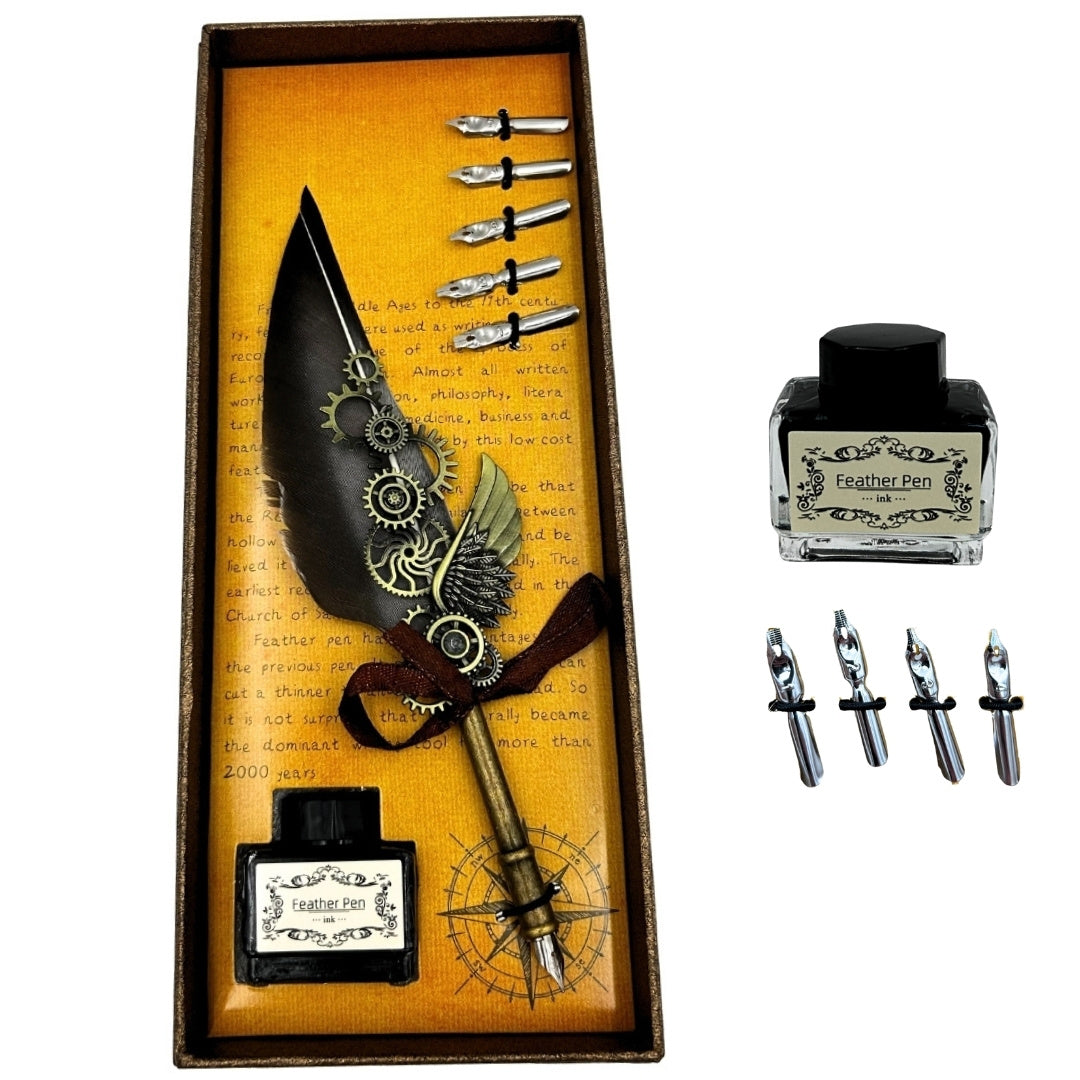Elegante retro kalligrafieset met grijze ganzenveer, 6 penpunten, 15ml inkt en optie voor personalisatie met gravure