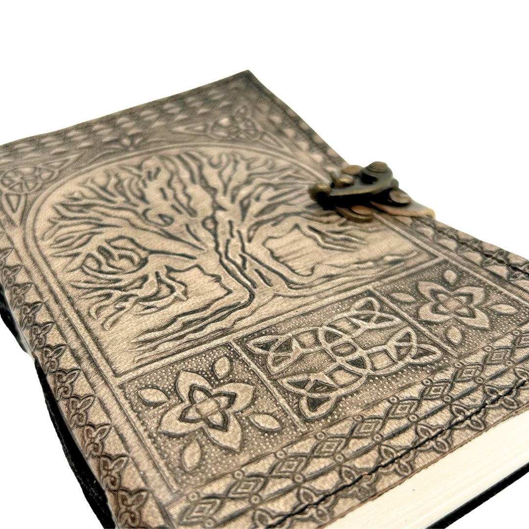 Retro leren notitieboek Levensboom met gravure