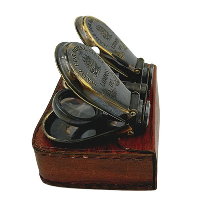 Retro messing verrekijker in leren etui met graveermogelijkheid