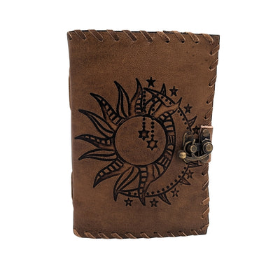 Retro leren notitieboek Zon en Maan 200 pagina's met mogelijkheid tot personalisatie door gravure, beige-bruin, ideaal als cadeau voor een kunstenaar of liefhebber van de magie van alledag