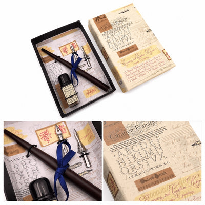 Kalligrafieset met gepersonaliseerde gravure - Italiaanse pen met twee penpunten en inktpot, ideaal als cadeau - elegante verpakking 12.5x8,5x3cm