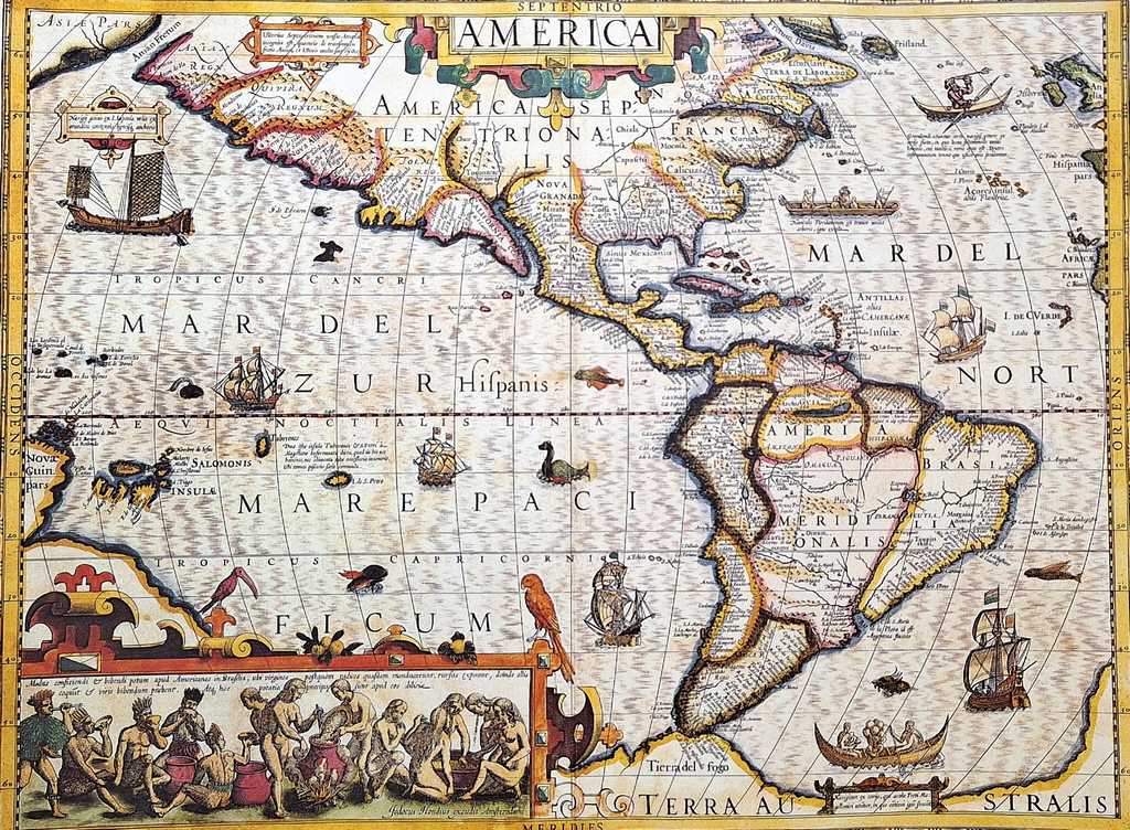 Kaart van Amerika 1628 - J. Hondius-reprint met mogelijkheid tot personalisatie met gravure - ideaal cadeau voor reizigers en geschiedenisliefhebbers - afmetingen 37,5 x 50 cm
