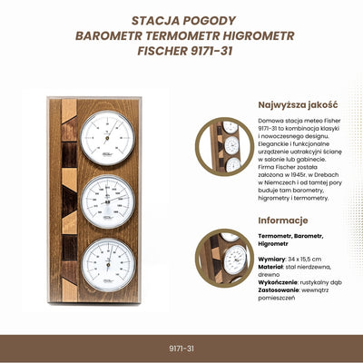 Weerstation Fischer 9171-31 met barometer, hygrometer en thermometer op houten voet met optie voor personalisatie met gravure