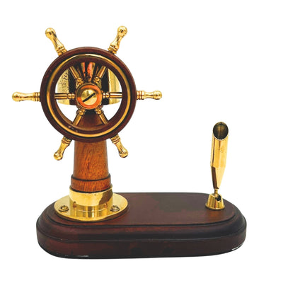 Elegante bureauset met stuurwiel en kompas met pennenhouder – hout, messing – personalisatie met gravure – ideaal cadeau voor een zeiler – hoogte 14,5 cm
