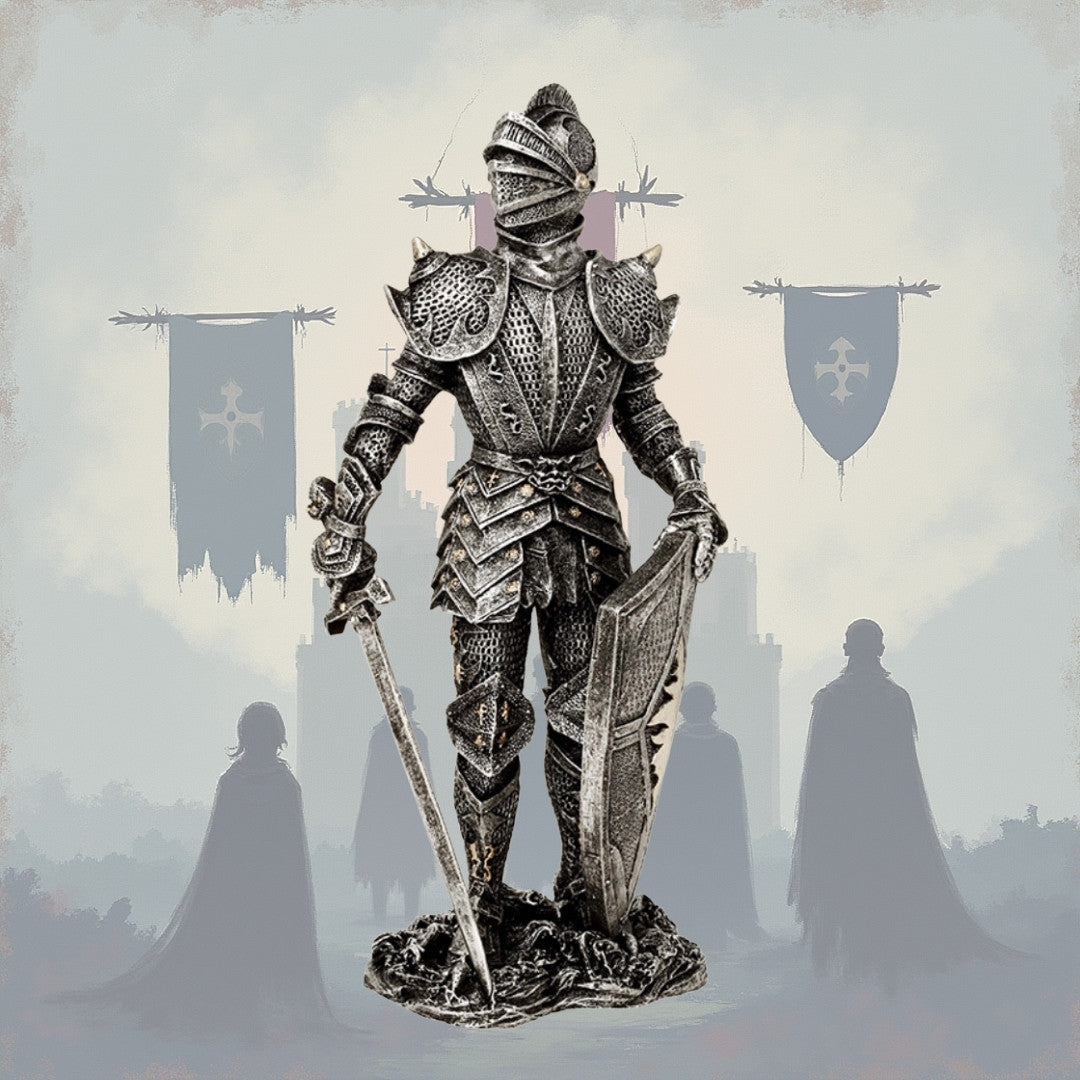Decoratief beeldje ridder in zilveren harnas 30 cm met mogelijkheid tot personalisatie met gravure - elegant cadeau voor liefhebbers van geschiedenis en fantasy, handbeschilderd van polyresin