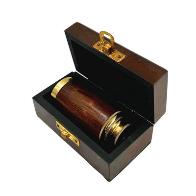 Messing telescoop met gravure in houten doos – elegant cadeau in retrostijl, ideaal als decoratie voor kantoor of werkkamer, hoogte 15,5 cm, materiaal: messing en hout