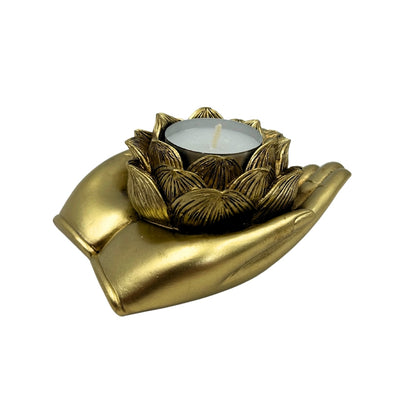 Gouden glamour-theelichthouder met mogelijkheid tot personalisatie met gravure – Elegant decoratief interieurelement met afmetingen 11,5 x 9,4 x 4,8 cm van polyresin