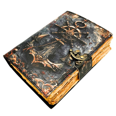 Retro maritiem leren notitieboek 200 pagina’s met mogelijkheid tot personalisatie met gravure, ideaal als cadeau voor kunstenaars en reizigers, gemaakt van natuurlijk geitenleer, in vintagekleur, afmetingen 18 x 13 cm