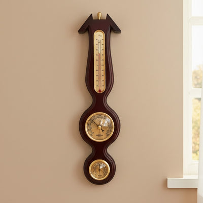 Elegant 3-in-1 weerstation met gravure – thermometer, barometer, hygrometer in donker hout, 40cm
