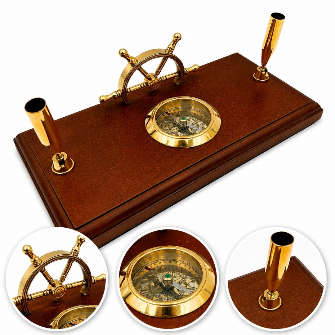 Maritieme bureauset met gravure – stuurwiel, kompas, pennenhouders van gepolijst hout en messing