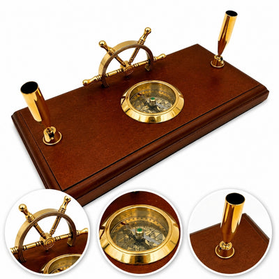 Maritieme bureauset met gravure – stuurwiel, kompas, pennenhouders van gepolijst hout en messing