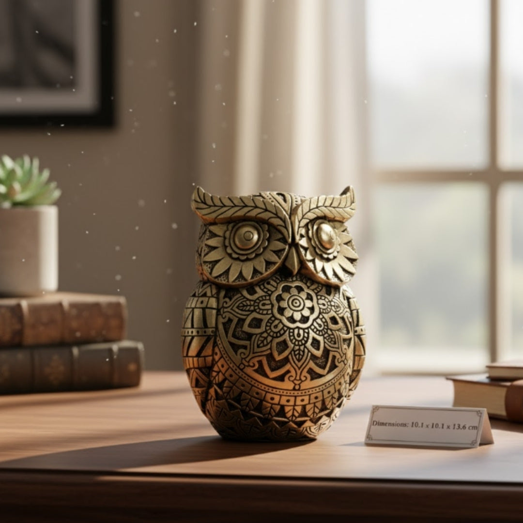 Uil van wijsheid met mogelijkheid tot personalisatie met gravure, decoratie in goud en zwart, hoogte 13,6 cm, ideaal cadeau voor elke gelegenheid