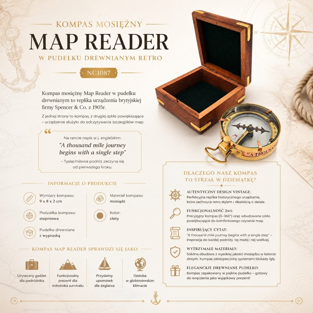 Retro messing kaartleeskompas Map Reader met gravure in houten doos