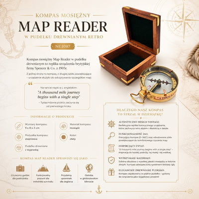 Retro messing kaartleeskompas Map Reader met gravure in houten doos