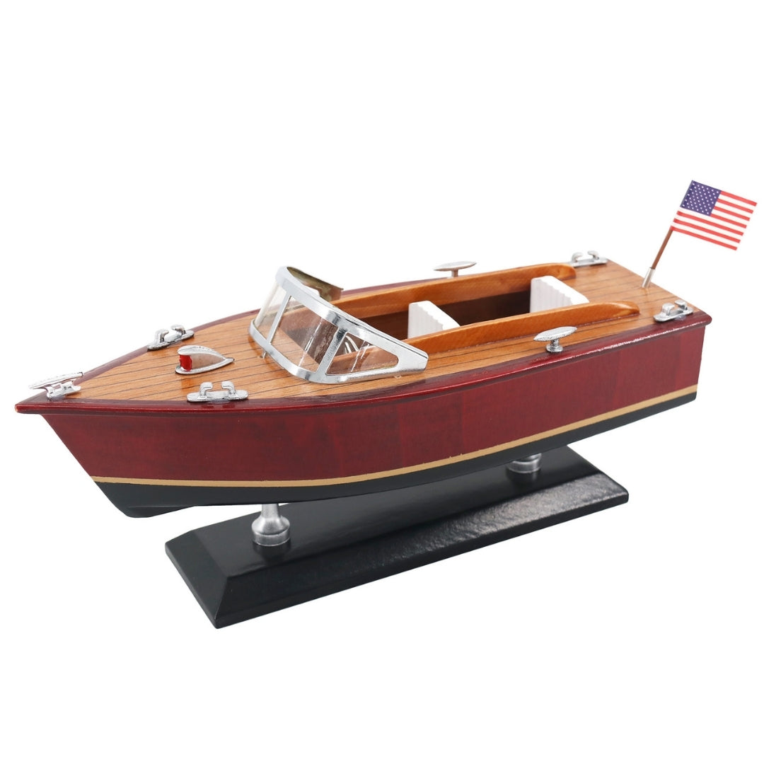 Model van houten motorboot met gravure – klassieke motorboot 26cm in diepe houttinten