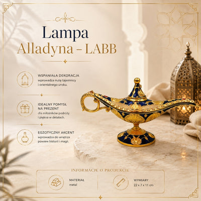 Aladdins lamp LABB met metalen versieringen in goudkleur, donker marineblauw, 22 x 7 x 11 cm