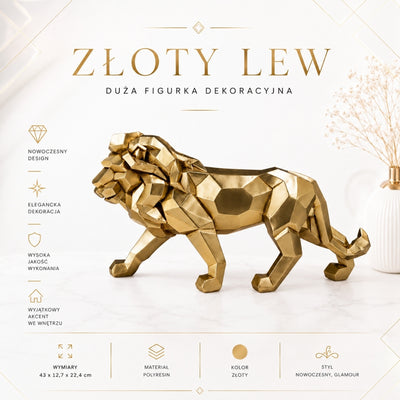 Groot beeldje van een gouden leeuw 43cm met mogelijkheid tot personalisatie met gravure - elegante decoratie als cadeau, hoogwaardig polyresin, moderne glamourstijl