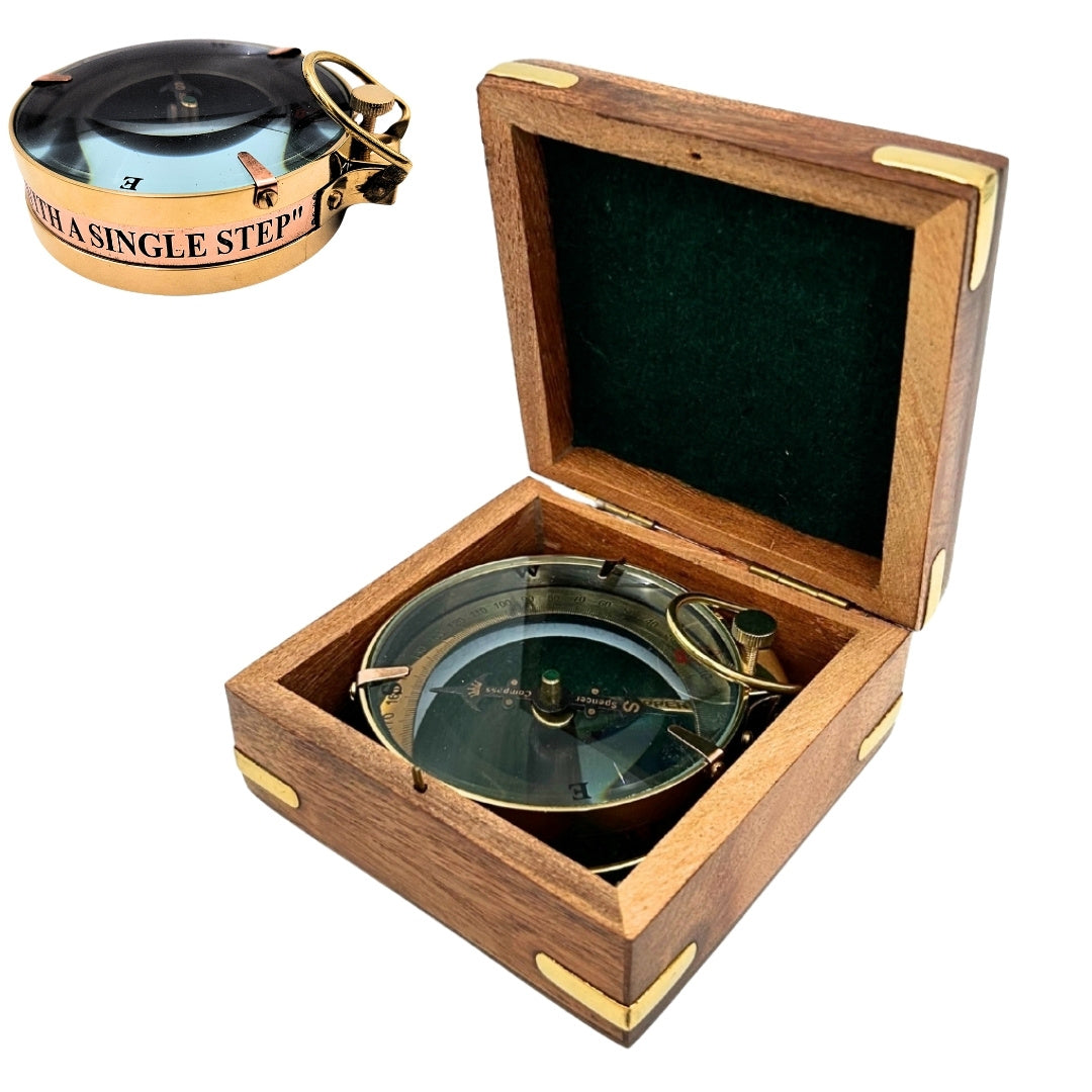 Retro messing kaartleeskompas Map Reader met gravure in houten doos