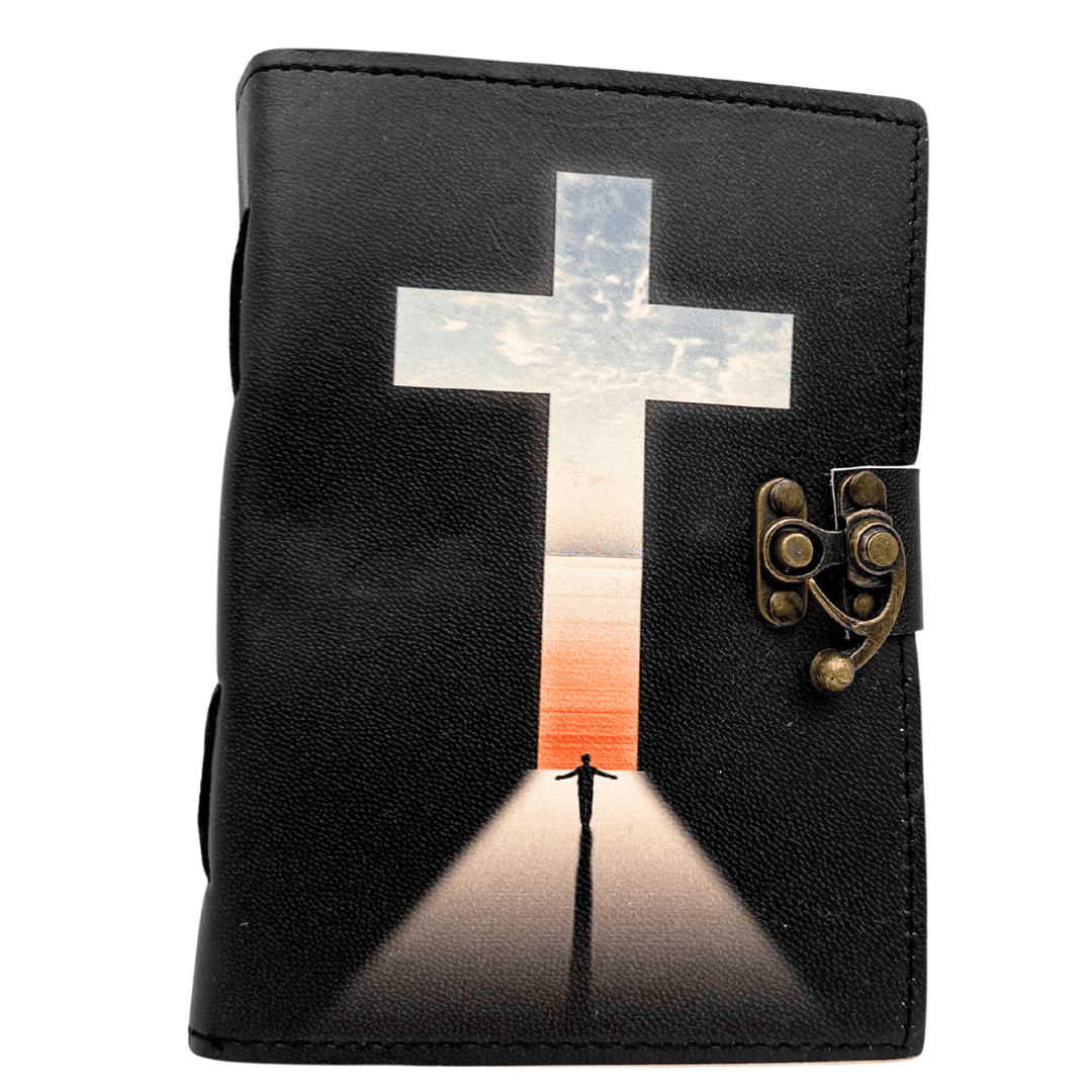 Leren notitieboek kruis religieus gebedenboek met gravure
