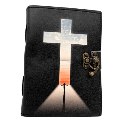 Leren notitieboek kruis religieus gebedenboek met gravure