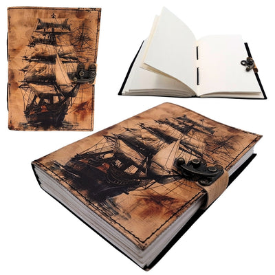Maritiem retro leren notitieboek Zeilschip met gravure
