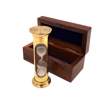 Zandloper ROUND STP99 in houten doos met mogelijkheid tot personalisatie met gravure, messing, goudkleurig, 3 minuten, ideaal cadeau voor RPG-liefhebbers en Guinness-recordhouders