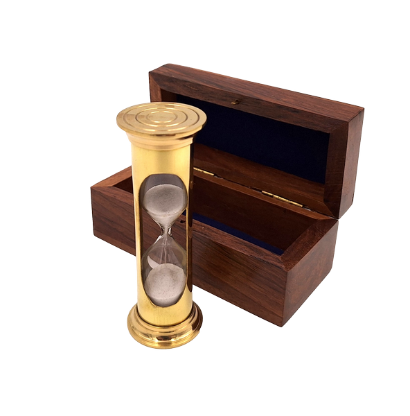 Zandloper ROUND STP99 in houten doos met mogelijkheid tot personalisatie met gravure, messing, goudkleurig, 3 minuten, ideaal cadeau voor RPG-liefhebbers en Guinness-recordhouders