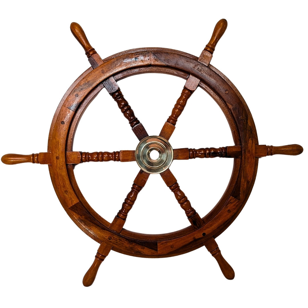 Houten stuurwiel met messing inzetstuk 75 cm met mogelijkheid tot personalisatie met gravure