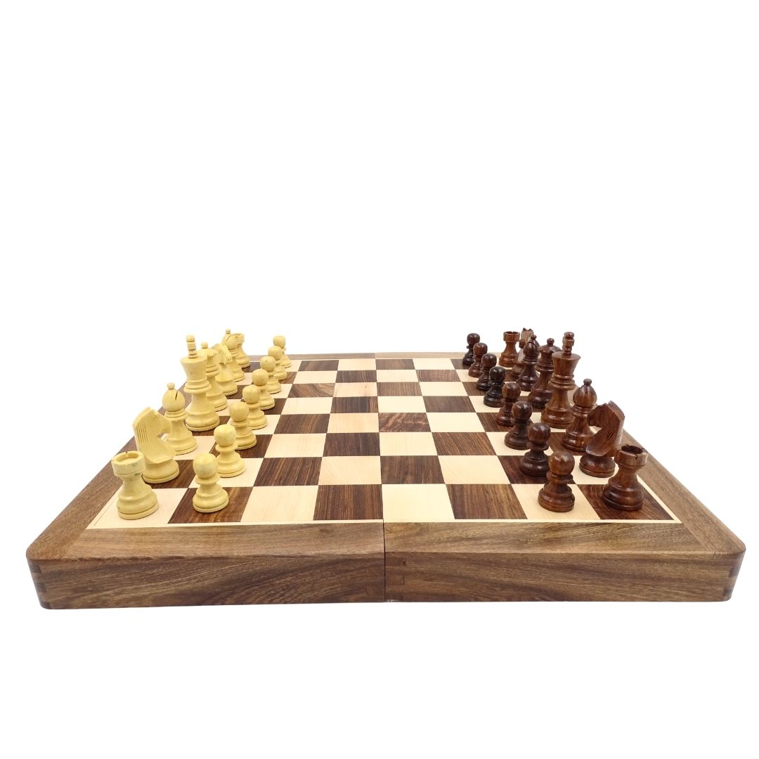 Houten schaakspel 40x40 cm met gravure - Opvouwbaar schaakbord van Indisch palissander in bruin-beige kleur
