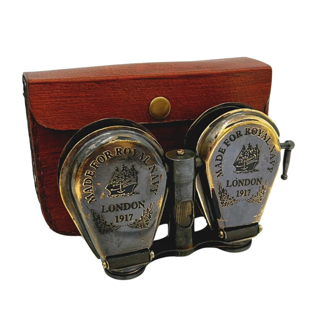 Retro messing verrekijker in leren etui met graveermogelijkheid
