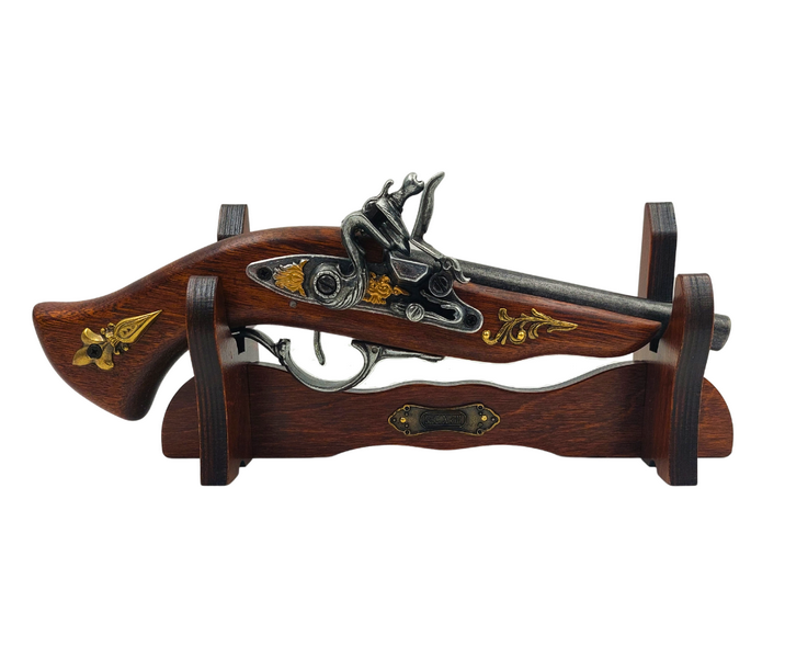 Replica van een Italiaans pistool uit de XVII eeuw op standaard met mogelijkheid tot personalisatie met gravure - elegant decoratief element als cadeau, gemaakt van hout en gepolijst metaal, lengte 30 cm