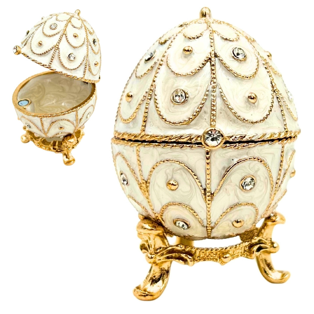Exclusief metalen Fabergé-ei-sieradendoosje met kristalletjes in wit-goud met mogelijkheid tot personalisatie met gravure