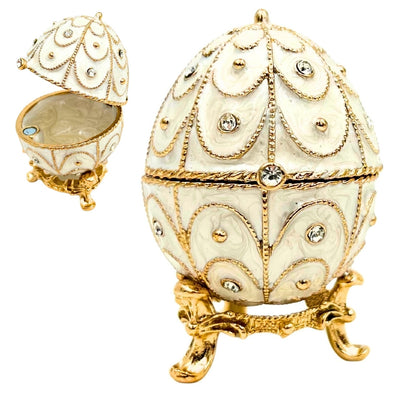 Exclusief metalen Fabergé-ei-sieradendoosje met kristalletjes in wit-goud met mogelijkheid tot personalisatie met gravure