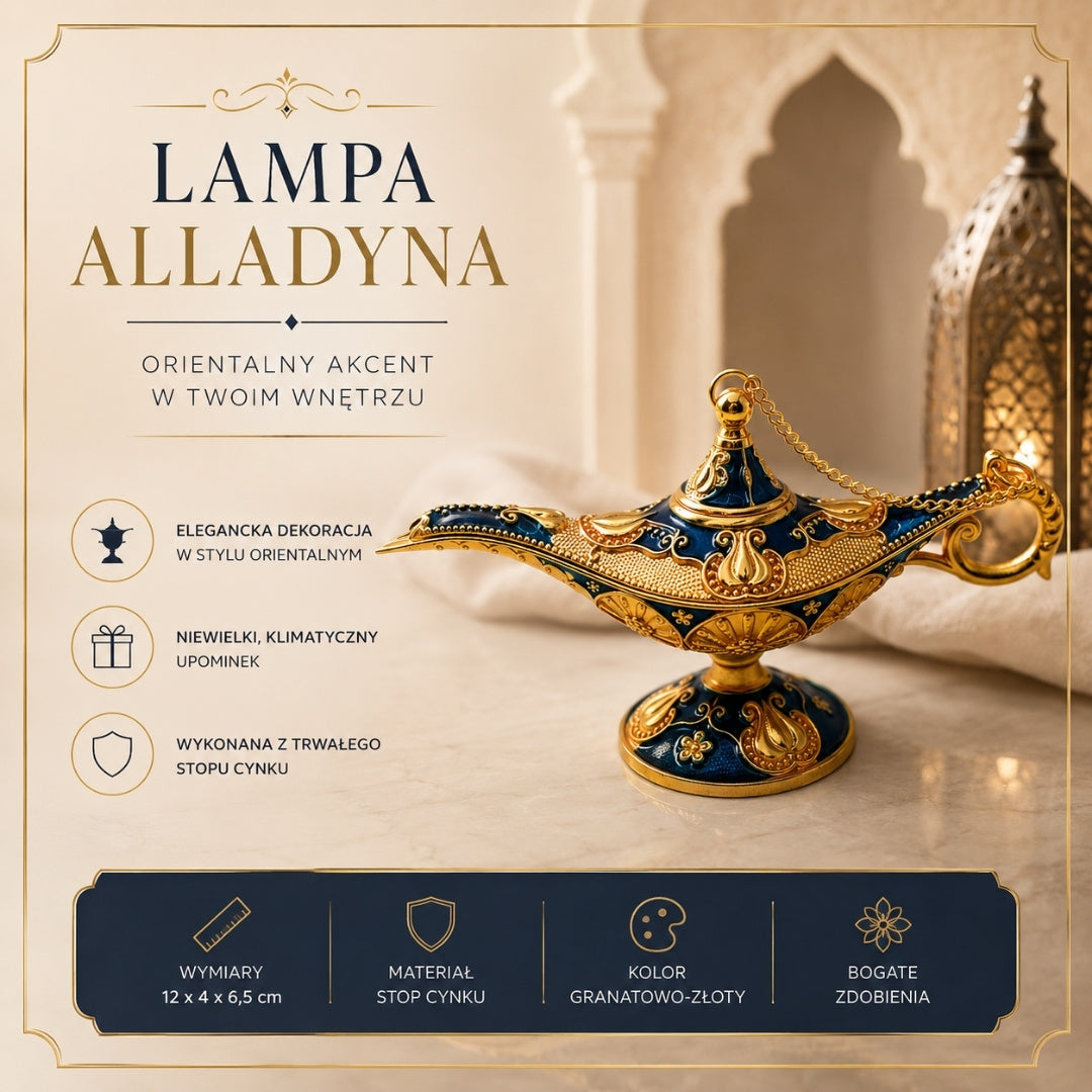 Metalen Aladdin-lamp marineblauw-goud 12cm met mogelijkheid tot personalisatie met gravure