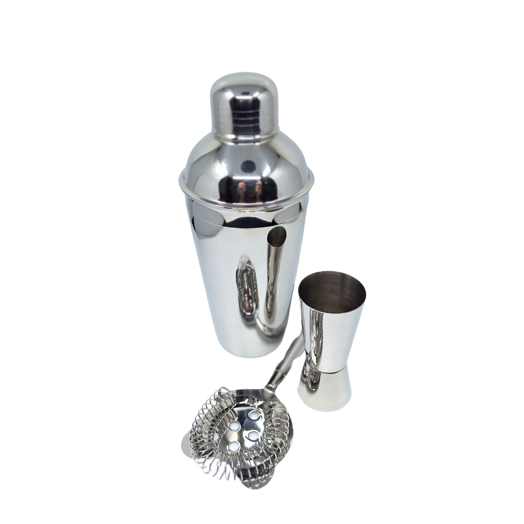 Barmanset Steel 3-delig met mogelijkheid tot personalisatie met gravure - shaker 750 ml, jigger 15/30 ml, strainer - elegant cadeau voor cocktailliefhebbers, roestvrij staal, zilverkleurig