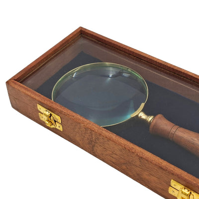 Loep vergrootglas met houten handvat en messing afwerking in elegante doos met glazen bovenkant - ideaal cadeau met graveermogelijkheid - afmetingen 23 x 10 cm, natuurlijke materialen