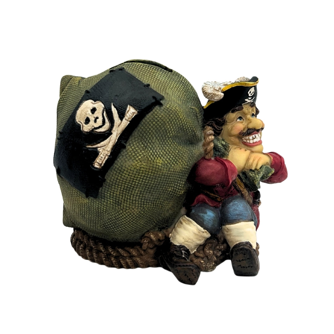 Decoratieve spaarpot piraat met schat 14 cm met mogelijkheid tot personalisatie met gravure