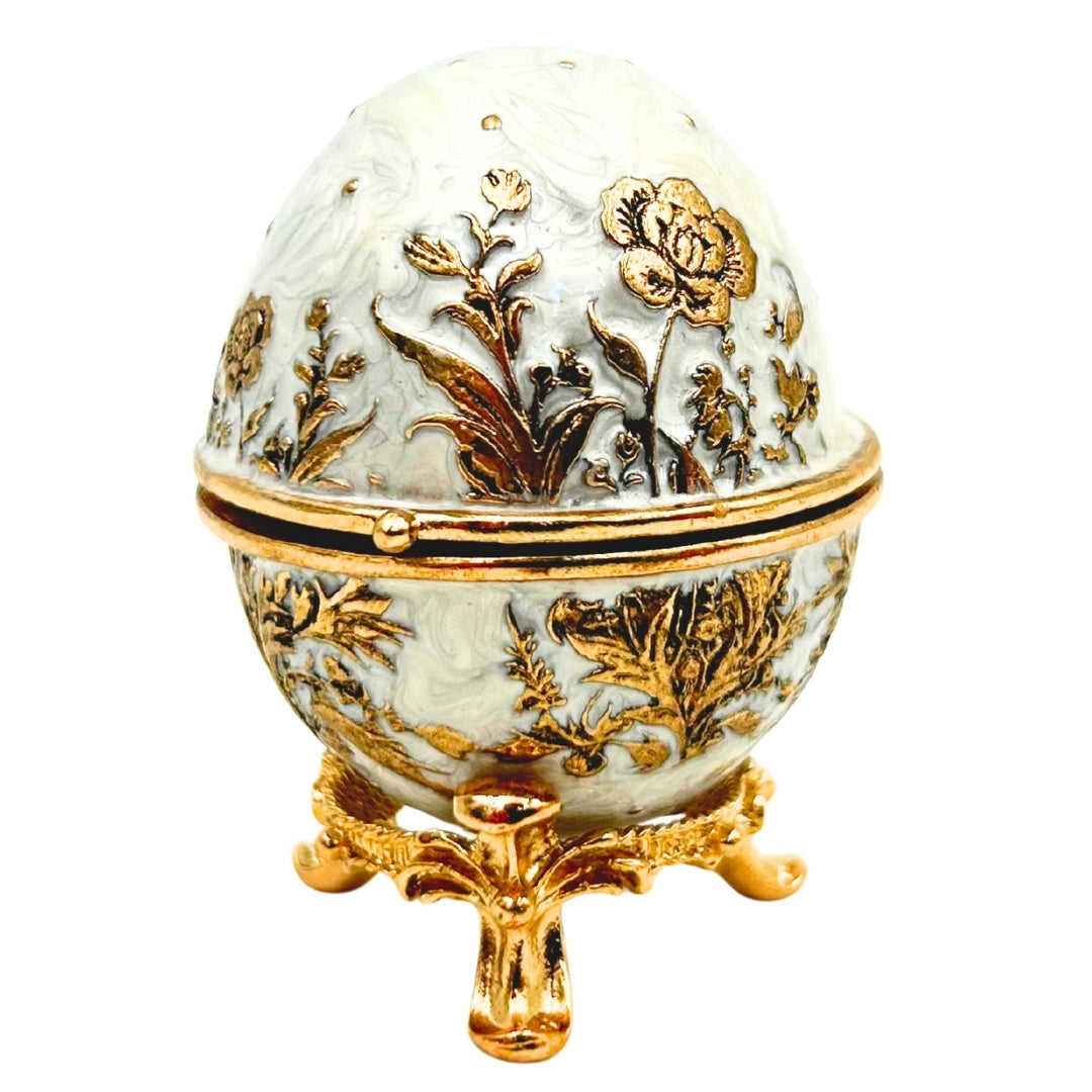 Exclusief metalen Fabergé-ei-sieradendoosje met kristalletjes in wit-gouden kleur met mogelijkheid tot personalisatie met gravure