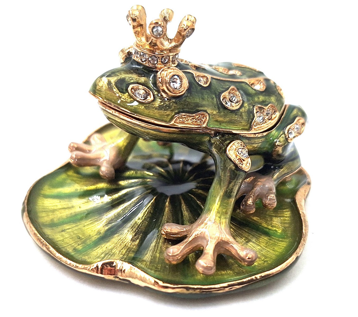 Exclusief metalen doosje in de vorm van een kikker met kristallen, donkergroen en goud, mogelijkheid tot personalisatie door gravure, ideaal als cadeau, afmetingen 6,5x6,7x4,5 cm